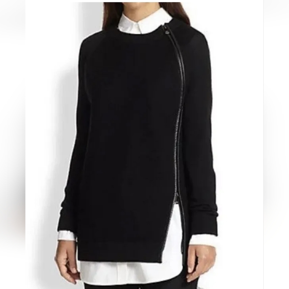 395 Vince Black Leather Trim Zip Textured Knit Pullover Sweater Size S